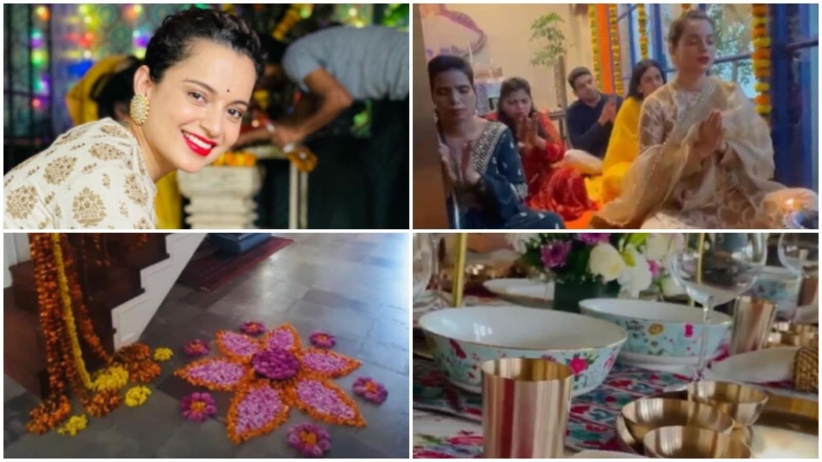 Step inside Kangana Ranaut’s decked-up home on Diwali with pooja, floral rangoli and family dinner. See pics