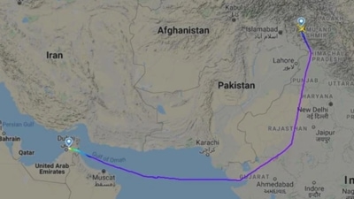 The duration of the Srinagar-Sharjah flight has gone up by 45 minutes, increasing from three hours and 30 minutes to four hours and 15 minutes due to Pakistan’s decision to put its overflight clearance on hold ((Photo: Flightradar24) The duration of the Srinagar-Sharjah flight has gone up by 45 minutes, increasing from three hours and 30 minutes to four hours and 15 minutes due to Pakistan’s decision to put its overflight clearance on hold ((Photo: Flightradar24)