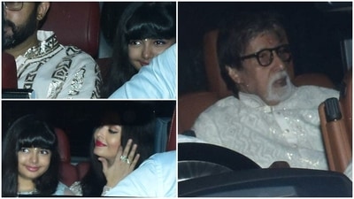 Amitabh Bachchan, Abhishek Bachchan and Aishwarya Rai were snapped in their cars. Amitabh Bachchan, Abhishek Bachchan and Aishwarya Rai were snapped in their cars.
