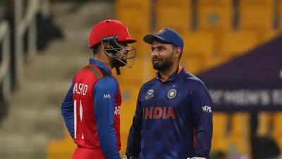 Afghanistan’s Rashid Khan and India’s Rishabh Pant during the ICC Mens T20 World Cup 2021 match between India and Afghanistan, at Sheikh Zayed Stadium in Abu Dhabi on Wednesday. (ANI) Afghanistan’s Rashid Khan and India’s Rishabh Pant during the ICC Mens T20 World Cup 2021 match between India and Afghanistan, at Sheikh Zayed Stadium in Abu Dhabi on Wednesday. (ANI)