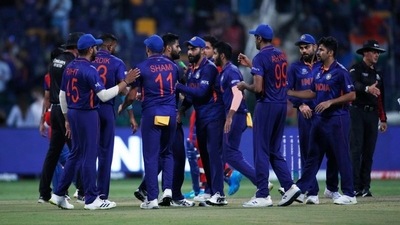 India v Afghanistan - Sheikh Zayed Cricket Stadium, Abu Dhabi, United Arab Emirates - November 3, 2021 India players celebrate after the match&nbsp; (REUTERS)