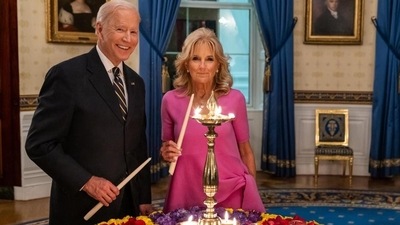 US President Joe Biden posted a photograph of him and First Lady Jill Biden lighting the ceremonial lamps at the White House. Vice President Kamala Harris posted a video on social media. (Twitter/@POTUS) US President Joe Biden posted a photograph of him and First Lady Jill Biden lighting the ceremonial lamps at the White House. Vice President Kamala Harris posted a video on social media. (Twitter/@POTUS)