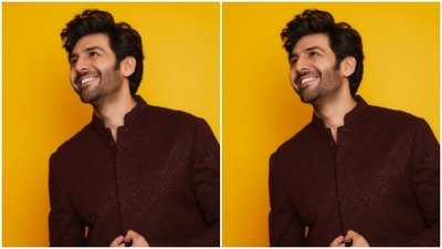 Kartik posed for pictures against a bright yellow backdrop, which gave the outfit a more festive vibe. (Instagram/@kartikaaryan) Kartik posed for pictures against a bright yellow backdrop, which gave the outfit a more festive vibe. (Instagram/@kartikaaryan)