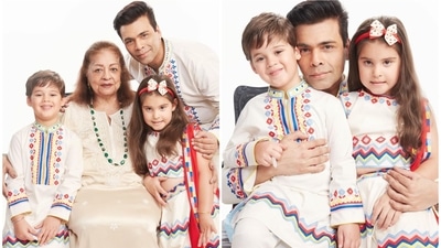 Karan Johar and his twins, Yash and Roohi, wore matching white outfits as they posed for a photoshoot, also featuring his mother Hiroo Johar. Karan Johar and his twins, Yash and Roohi, wore matching white outfits as they posed for a photoshoot, also featuring his mother Hiroo Johar.