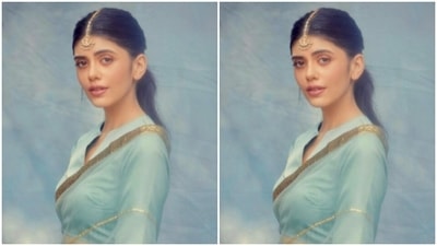 Styled by hair stylist Pushkin Bhasin, Sanjana wore her long tresses in a clean ponytail with a middle part. (Instagram/@sanjanasanghi96) Styled by hair stylist Pushkin Bhasin, Sanjana wore her long tresses in a clean ponytail with a middle part. (Instagram/@sanjanasanghi96)