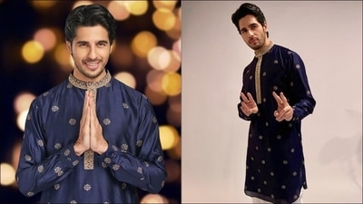 Diwali 2021: Siddharth Malhotra looks charming in navy blue kurta, cowl pants (Instagram/balanamenofficial/thetyagiakshay) Diwali 2021: Siddharth Malhotra looks charming in navy blue kurta, cowl pants (Instagram/balanamenofficial/thetyagiakshay)