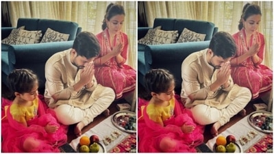Soha Ali Khan, Kunal Kemmu and their daughter Inaaya can be seen offering their puja to goddess Lakshmi in their ethnic attires. (Instagram/@sakpataudi) Soha Ali Khan, Kunal Kemmu and their daughter Inaaya can be seen offering their puja to goddess Lakshmi in their ethnic attires. (Instagram/@sakpataudi)