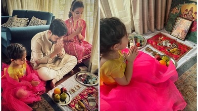Soha Ali Khan shared pictures of herself doing Lakshmi puja at home with her husband Kunal Kemmu and their daughter Inaaya. Soha Ali Khan shared pictures of herself doing Lakshmi puja at home with her husband Kunal Kemmu and their daughter Inaaya.