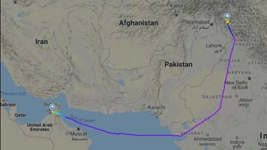 The duration of the Srinagar-Sharjah flight has gone up by 45 minutes, increasing from three hours and 30 minutes to four hours and 15 minutes due to Pakistan’s decision to put its overflight clearance on hold ((Photo: Flightradar24)