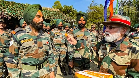 Prime Minister Narendra Modi during his visit to Nowshera to celebrate Diwali with soldiers. (PTI) Prime Minister Narendra Modi during his visit to Nowshera to celebrate Diwali with soldiers. (PTI)