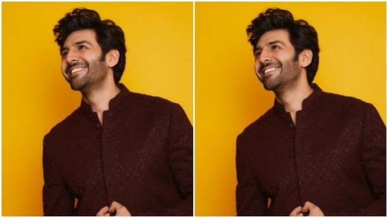 Kartik posed for pictures against a bright yellow backdrop, which gave the outfit a more festive vibe.(Instagram/@kartikaaryan)