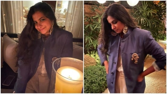 Rhea Kapoor chose to celebrate Diwali in a different way, this year. As the festivities kickstart in the tinsel town, Rhea Kapoor shared a glimpse of her last night’s celebrations and they stand out. For this year, Rhea ditched ethnic womenswear and instead, decked up in a dhoti and a bandhgala.(Instagram/@rheakapoor)
