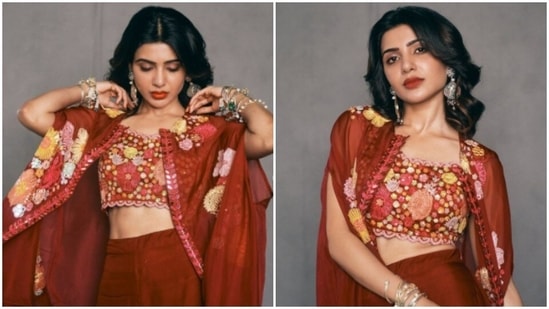 Diwali 2021: Samantha decks up in a red co-ord set, poses with her pet pooches(Instagram/@samantharuthprabhuoffl)