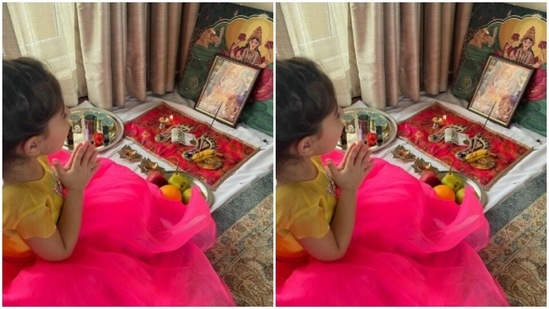 A pint-sized Inaaya can be seen offering her puja to a picture of goddess Lakshmi. “May love and light illuminate every dark corner of your home and heart,” wrote Soha.(Instagram/@sakpataudi)
