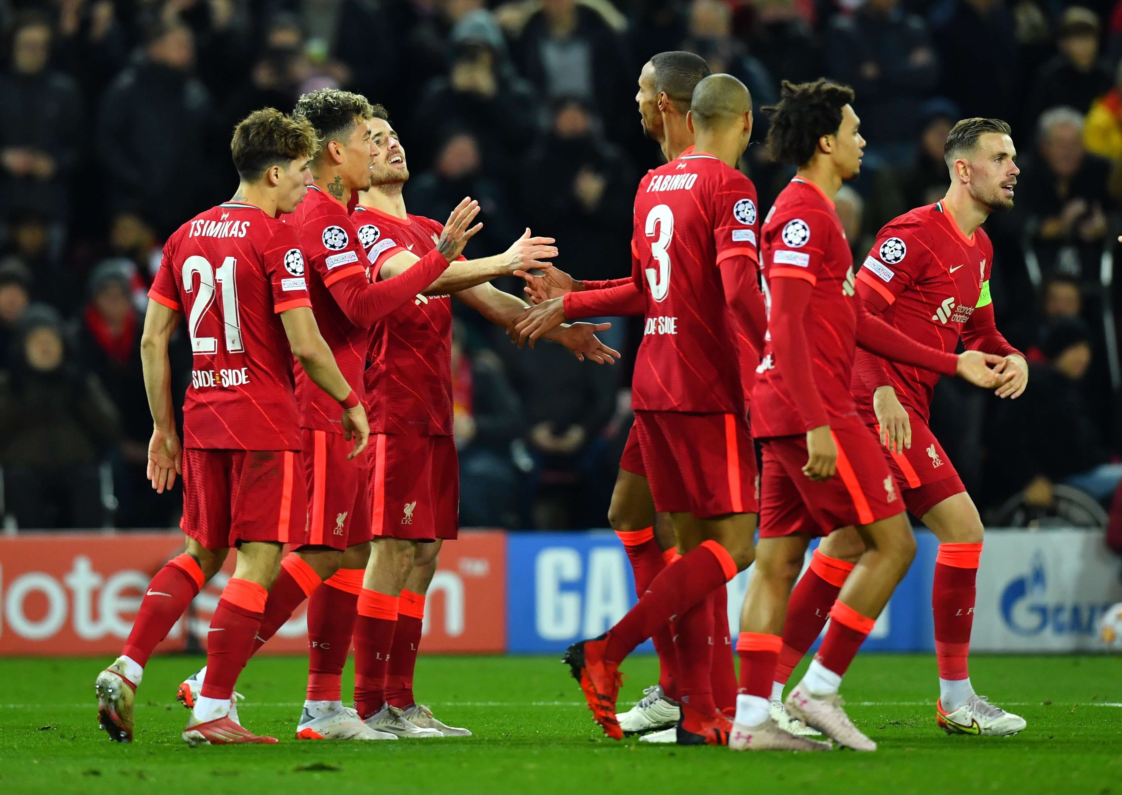 Liverpool's Diogo Jota celebrates scoring their third goal with teammates before it is disallowed after a VAR review&nbsp;(REUTERS)