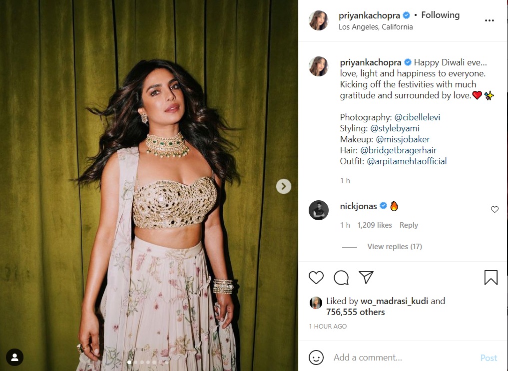 Priyanka Chopra shared pictures of her Diwali look on Instagram.