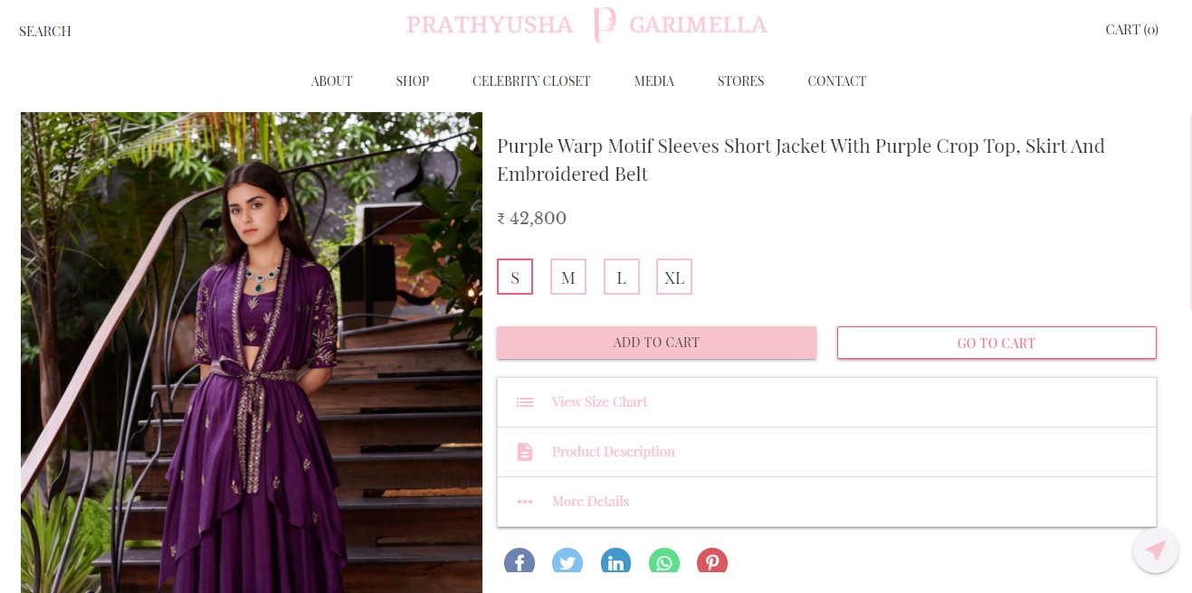 Shamita Shetty's purple warp motif sleeves short jacket with purple crop top, skirt and embroidered belt from Prathyusha Garimella(prathyushagarimella.com)