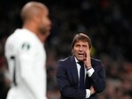 Tottenham's head coach Antonio Conte speaks to Tottenham's Lucas Moura during the Europa Conference League group G soccer match between Tottenham Hotspur and SBV Vitesse at Tottenham Hotspur Stadium in London,(AP)
