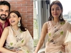 Kajal Aggarwal celebrated Diwali 2021 with her husband, Gautam Kitchlu. The actor took to Instagram to share an adorable click with Gautam, and they looked picture-perfect together. Kajal's stylist Sayali Vidya also posted several images of the star's Diwali look on the gram, and we have all the details for you.(Instagram/@kajalaggarwalofficial, @sayali_vidya)