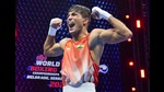 Kumar celebrates his win against Olympic silver-medallist Yoel Finol of Venezuela at the Boxing World Championships in Belgrade, Serbia, on November 2. (BFI) Kumar celebrates his win against Olympic silver-medallist Yoel Finol of Venezuela at the Boxing World Championships in Belgrade, Serbia, on November 2. (BFI)