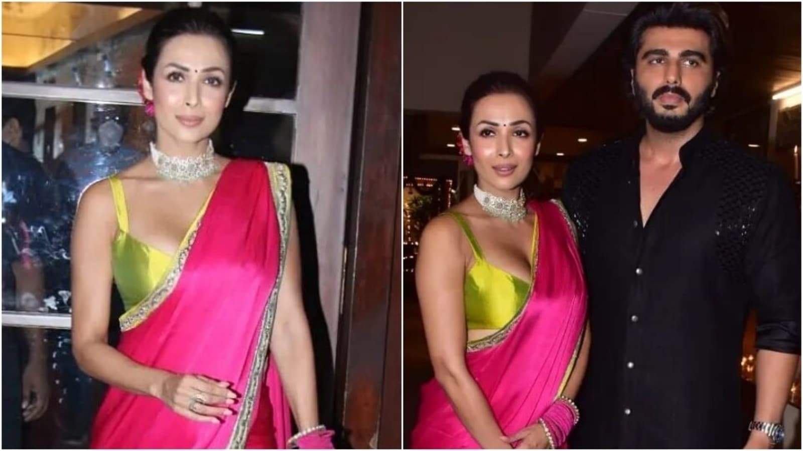 Malaika Arora in silk saree-bralette turns ethnic queen with Arjun Kapoor for Anil Kapoor&#39;s Diwali bash | Fashion Trends - Hindustan Times