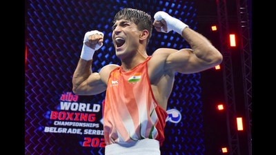 Kumar celebrates his win against Olympic silver-medallist Yoel Finol of Venezuela at the Boxing World Championships in Belgrade, Serbia, on November 2. (BFI) Kumar celebrates his win against Olympic silver-medallist Yoel Finol of Venezuela at the Boxing World Championships in Belgrade, Serbia, on November 2. (BFI)