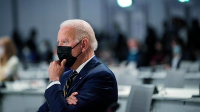 US President Joe Biden attends the opening session of the COP26 UN Climate Summit in Glasgow on Monday. (AP) US President Joe Biden attends the opening session of the COP26 UN Climate Summit in Glasgow on Monday. (AP)