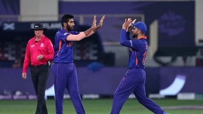 Dubai: India's Jasprit Bumrah, left, celebrates the dismissal of Scotland's captain Kyle Coetzer with captain Virat Kohli after a delivery during the Cricket Twenty20 World Cup match between India and Scotland in Dubai, UAE, Friday, Nov. 5, 2021. AP/PTI(AP11_05_2021_000250A) (AP) Dubai: India's Jasprit Bumrah, left, celebrates the dismissal of Scotland's captain Kyle Coetzer with captain Virat Kohli after a delivery during the Cricket Twenty20 World Cup match between India and Scotland in Dubai, UAE, Friday, Nov. 5, 2021. AP/PTI(AP11_05_2021_000250A) (AP)