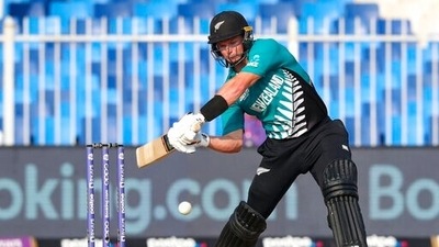 New Zealand's Glenn Phillips hits the ball for six runs during the Cricket Twenty20 World Cup match between New Zealand and Namibia, in Sharjah, UAE, Friday, Nov. 5, 2021. (AP Photo/Kamran Jebreili) (AP) New Zealand's Glenn Phillips hits the ball for six runs during the Cricket Twenty20 World Cup match between New Zealand and Namibia, in Sharjah, UAE, Friday, Nov. 5, 2021. (AP Photo/Kamran Jebreili) (AP)