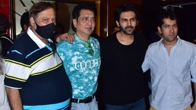Kartik Aaryan and David Dhawan made their way to the special screening of Sooryavanshi on Friday. (Varinder Chawla) Kartik Aaryan and David Dhawan made their way to the special screening of Sooryavanshi on Friday. (Varinder Chawla)