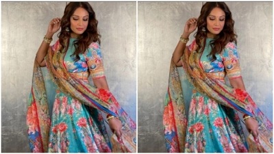 Bipasha Basu decked up in a blue floral lehenga and looked stunning. (Instagram/@bipashabasu) Bipasha Basu decked up in a blue floral lehenga and looked stunning. (Instagram/@bipashabasu)