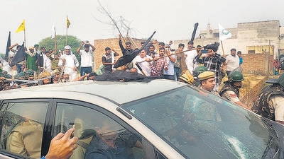 BJP MP Ram Chander Jangra's car was attacked during a farmers’ protest in Hisar, Haryana, on Friday. (PTI) BJP MP Ram Chander Jangra's car was attacked during a farmers’ protest in Hisar, Haryana, on Friday. (PTI)