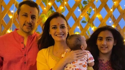 Dia Mirza with Vaibhav Rekhi, Avyaan, and Samaira.