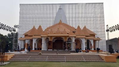 Delhi government built a replica of Ayodhya’s Ram Mandir at the Thyagaraj Stadium Complex in New Delhi. (Sanjeev Verma/HT PHOTO)