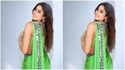 Janhvi chose a soft green saree from fashion designer Manish Malhotra’s wardrobe. (Instagram/@janhvikapoor) Janhvi chose a soft green saree from fashion designer Manish Malhotra’s wardrobe. (Instagram/@janhvikapoor)