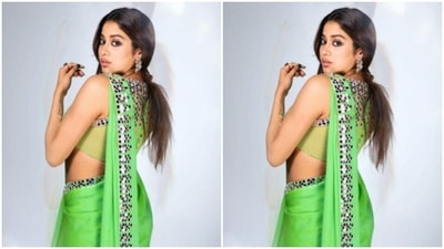 In minimal makeup – black eyeliner, black kohl, nude eyeshadow and a nude shade of lipstick, Janhvi added statement silver earrings and defined elegance. (Instagram/@janhvikapoor) In minimal makeup – black eyeliner, black kohl, nude eyeshadow and a nude shade of lipstick, Janhvi added statement silver earrings and defined elegance. (Instagram/@janhvikapoor)