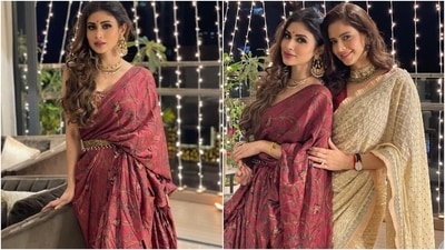 Mouni cinched the saree at her waist with a gold embroidered kamar patti featuring beaded tassels. The belt accentuated her waist and added a pretty detail to the entire look. (Instagram/@imouniroy)