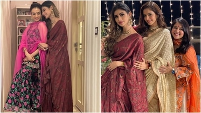 For accessories, Mouni chose a gold choker necklace, rings, and matching chandelier earrings. The statement jewellery pieces went perfectly with the six yards and added an elegant touch. (Instagram/@imouniroy)