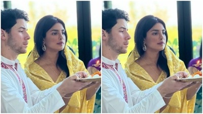 Priyanka and Nick decked up in ethnic attires as they sat for the puja. (Instagram/@priyankachopra) Priyanka and Nick decked up in ethnic attires as they sat for the puja. (Instagram/@priyankachopra)