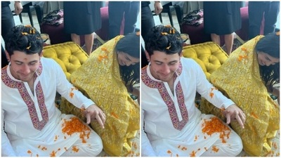 Priyanka looked elegant in a yellow saree while Nick opted for a white kurta with multicoloured patterns. (Instagram/@priyankachopra) Priyanka looked elegant in a yellow saree while Nick opted for a white kurta with multicoloured patterns. (Instagram/@priyankachopra)