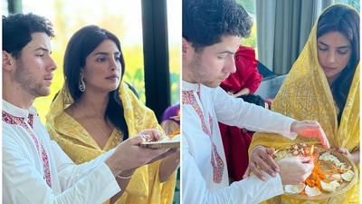 Priyanka Chopra and Nick Jonas performed Lakshmi puja at home. Priyanka Chopra and Nick Jonas performed Lakshmi puja at home.