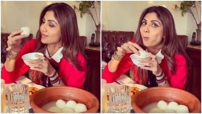 Shilpa Shetty enjoys a rasgulla. Shilpa Shetty enjoys a rasgulla.