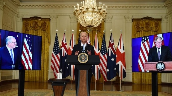 US President Joe Biden participates in a virtual press conference on national security with British Prime Minister Boris Johnson (R) and Australian Prime Minister Scott Morrison in the East Room of the White House in Washington, DC, on Wednesday. The three nations launched the AUKUS partnership. (AFP) US President Joe Biden participates in a virtual press conference on national security with British Prime Minister Boris Johnson (R) and Australian Prime Minister Scott Morrison in the East Room of the White House in Washington, DC, on Wednesday. The three nations launched the AUKUS partnership. (AFP)