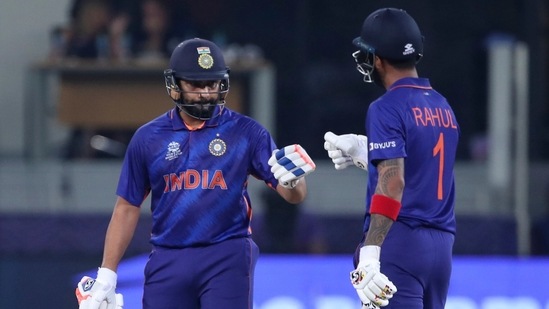 Dubai: India's KL Rahul, right, celebrates with batting partner Rohit Sharma after hitting a boundary plays a shot during the Cricket Twenty20 World Cup match between India and Scotland in Dubai, UAE, Friday, Nov. 5, 2021.AP/PTI Photo(AP11_05_2021_000268A)(AP)