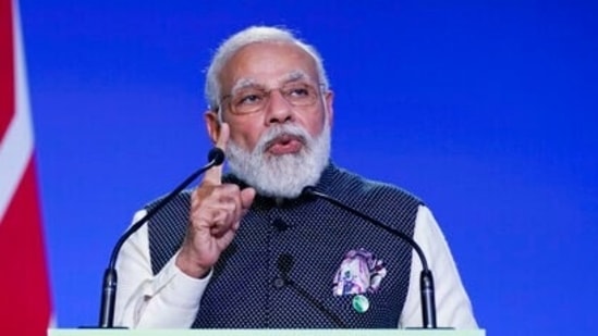 Prime Minister Modi speaks during the "Accelerating Clean Technology Innovation and Deployment" event at the COP26 UN Climate Summit.(AP)