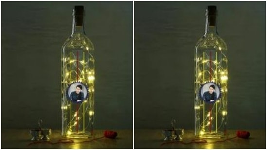 You can print your sibling’s picture and paste it on a glass bottle and decorate it with fairy lights. Every time they see it, they will remember you.(https://in.pinterest.com/)