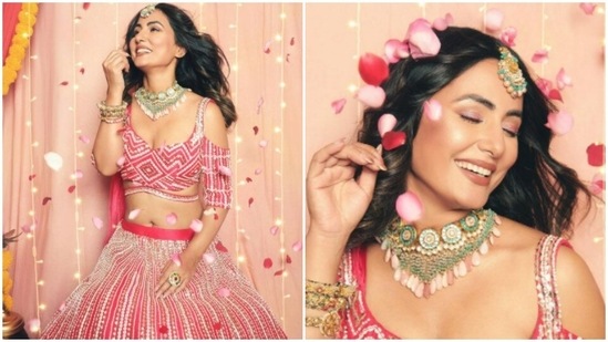 Hina Khan celebrated Diwali in style. The actor is an absolute fashionista, who can make any outfit look better on her – be it casual or ethnic. On Thursday, Hina shared a slew of pictures of herself decked up for the festival of lights. For this year’s Diwali, Hina stole the show in a pink embellished lehenga.(Instagram/@realhinakhan)