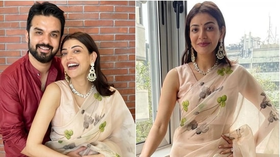 Kajal Aggarwal shines in her heavy embellished gold saree and plunge neck blouse  design