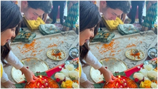They can be seen offering their puja to goddess Lakshmi.(Instagram/@priyankachopra)