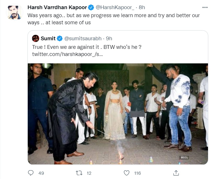 Harsh Varrdhan Kapoor reacted as Twitter users shared a picture of his father Anil Kapoor bursting crackers.